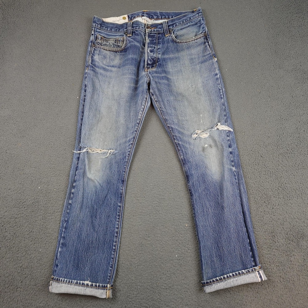 Williamsburg Jeans Mens 33x29 Blue Japanese Selvedge Distressed Straight Ripped